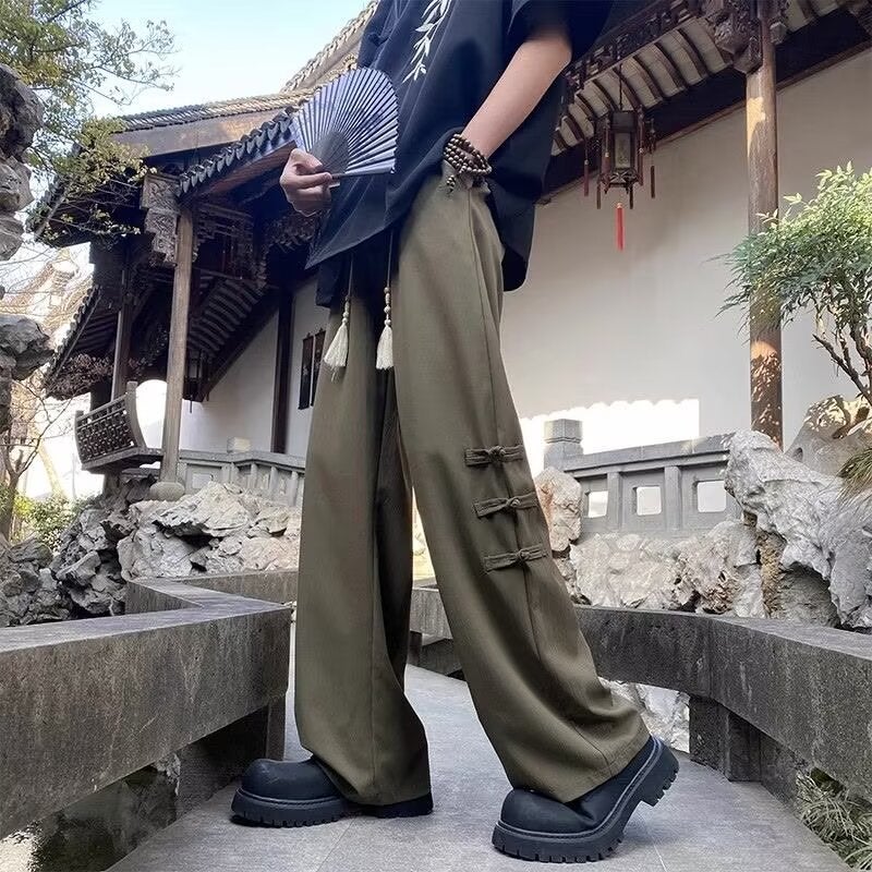 Overalls Pants For Men And Women Early Autumn All-Match New Loose American Style High Street Pleated Chinese Knot Fashion Casual Wide Leg Pants - Image 4
